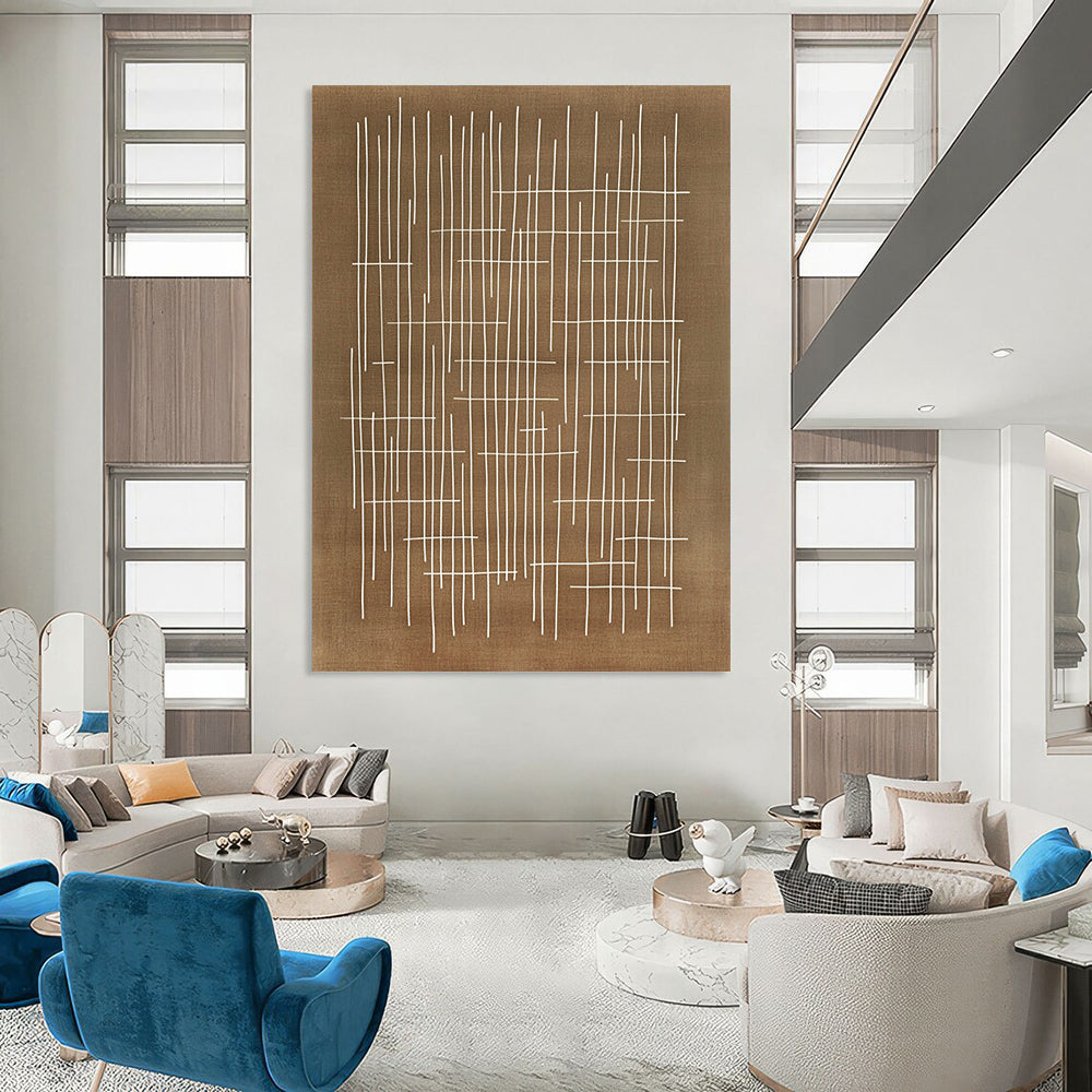 Contemporary abstract artwork featuring geometric patterns with white lines on a brown background inspired by Japanese calligraphy and Paul Klee's style. DLZ1159