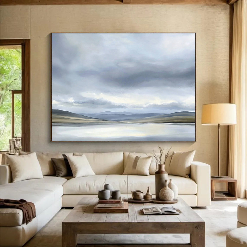 “Soft Gray Landscape” - Gray, Beige, Subtle Hills and Calm Water Painting On Canvas HB0920