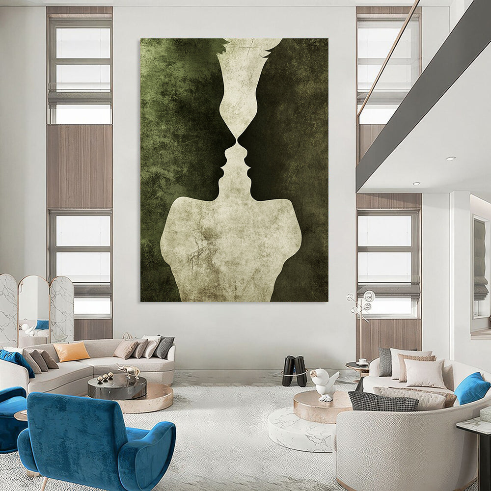 Contemporary hand-painted abstract artwork featuring entwined silhouettes in dark green and gray tones symbolizing love with rich textures and romantic atmosphere. DLZ1337