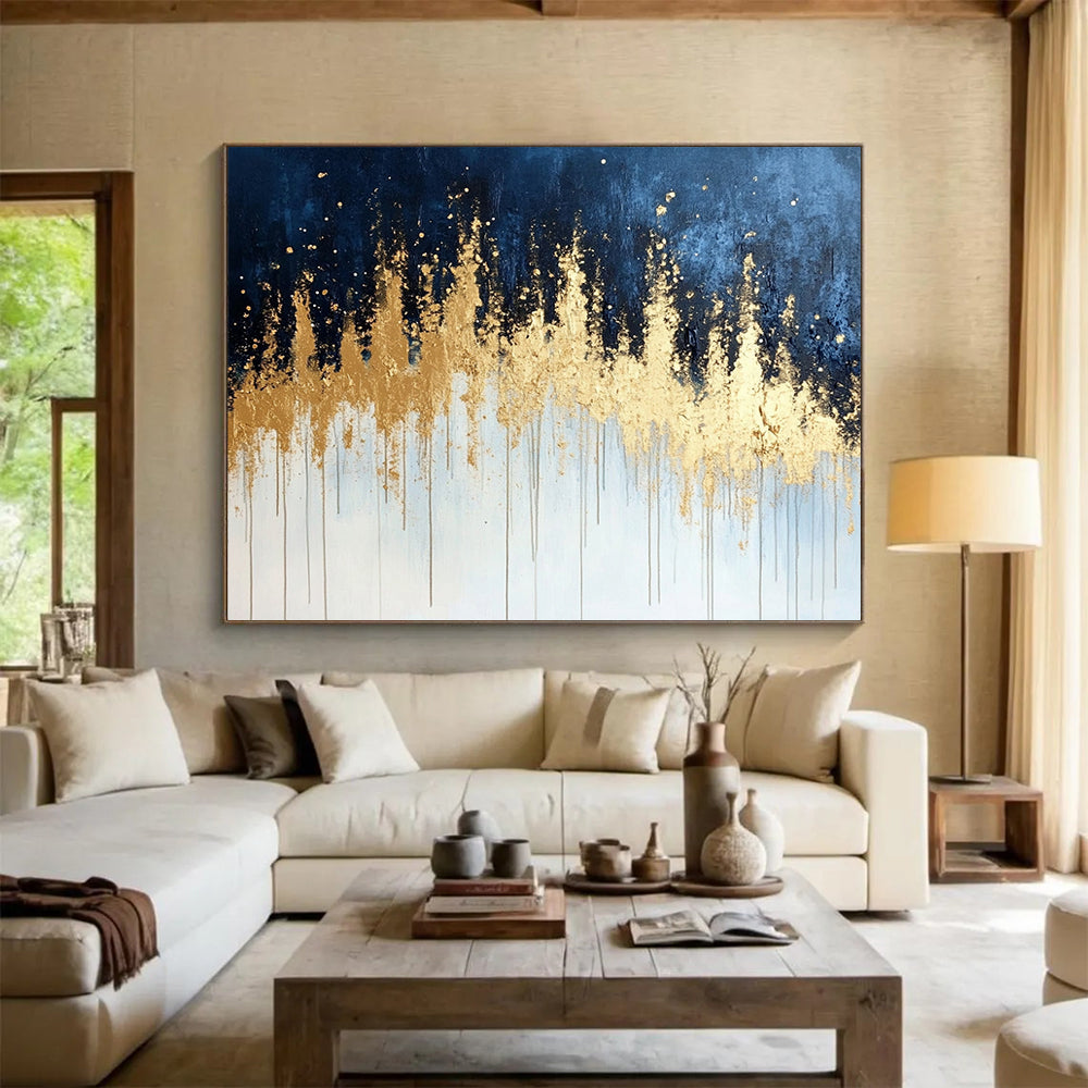 “Gold Drip on Blue - Gray Abstract” - Gold, Blue, Gray, White, Dripping Textures Painting On Canvas HB0825