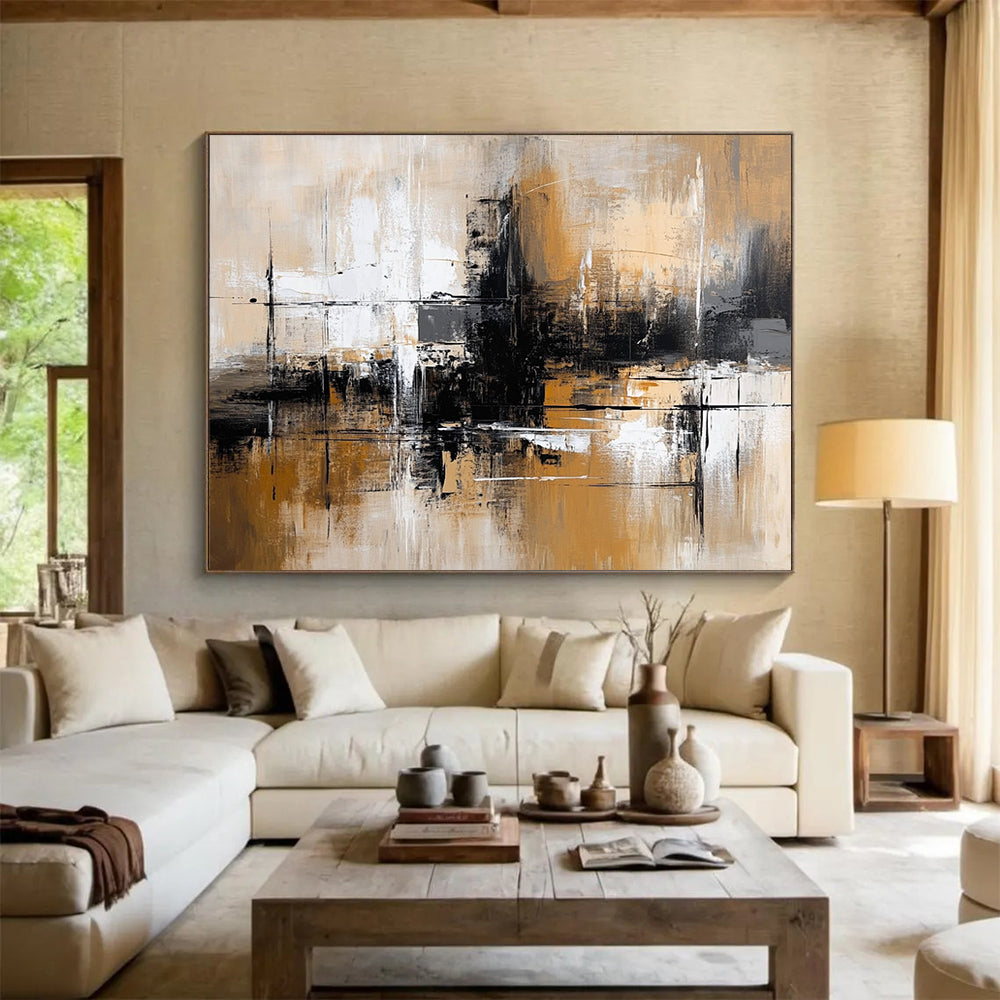 “Brown and Gray Abstract Cityscape” - Brown, gray, white, black; Abstract cityscape with a moody atmosphere; Acrylic Painting On Canvas HB1264