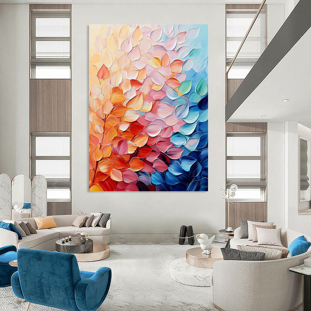 Contemporary abstract painting featuring colorful leaves in soft hues with vibrant palette knife texture for a puffy shiny effect on canvas. DLZ0616