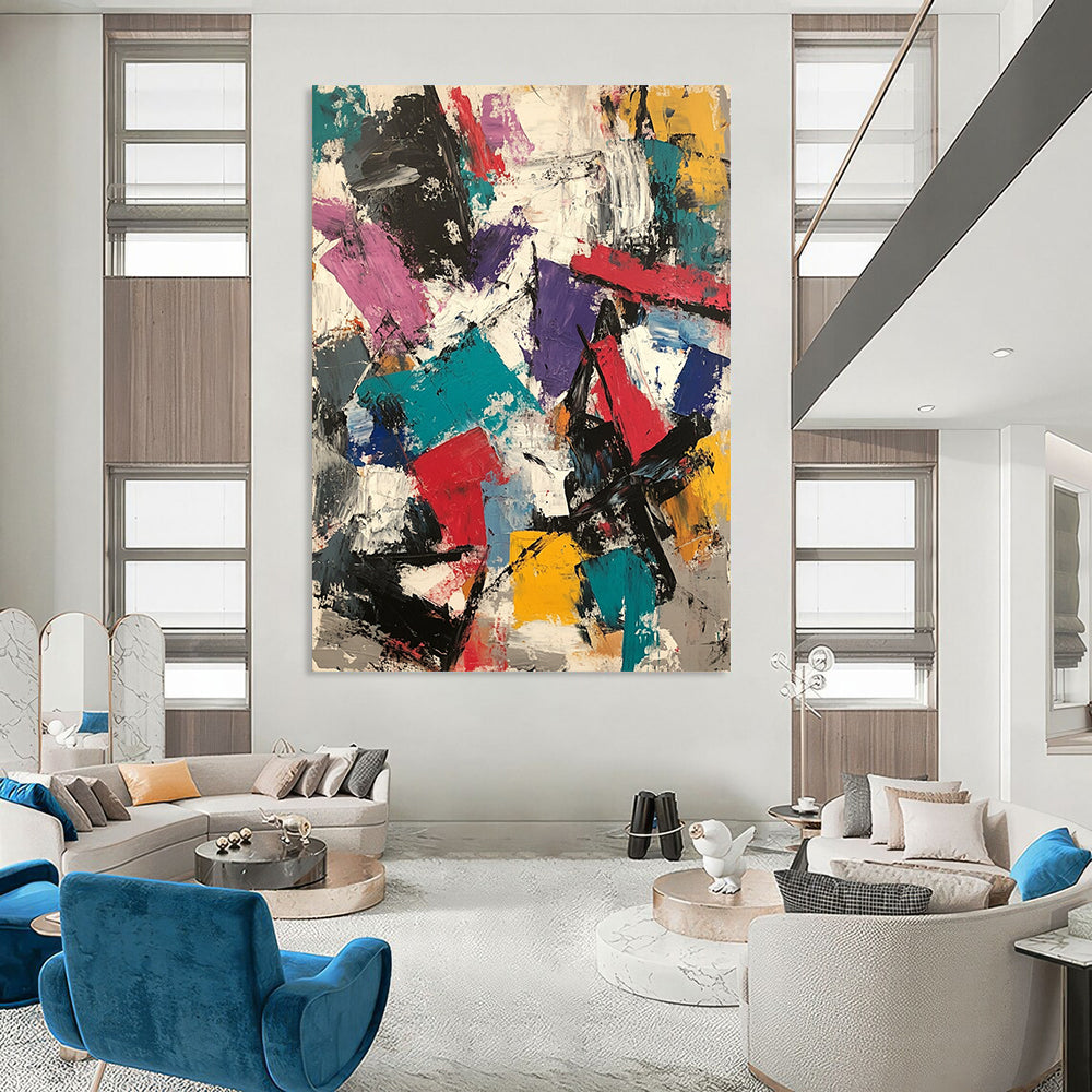 Contemporary hand-painted abstract artwork featuring thick brush strokes, vibrant colors, and layered textures in a dynamic composition. DLZ0930