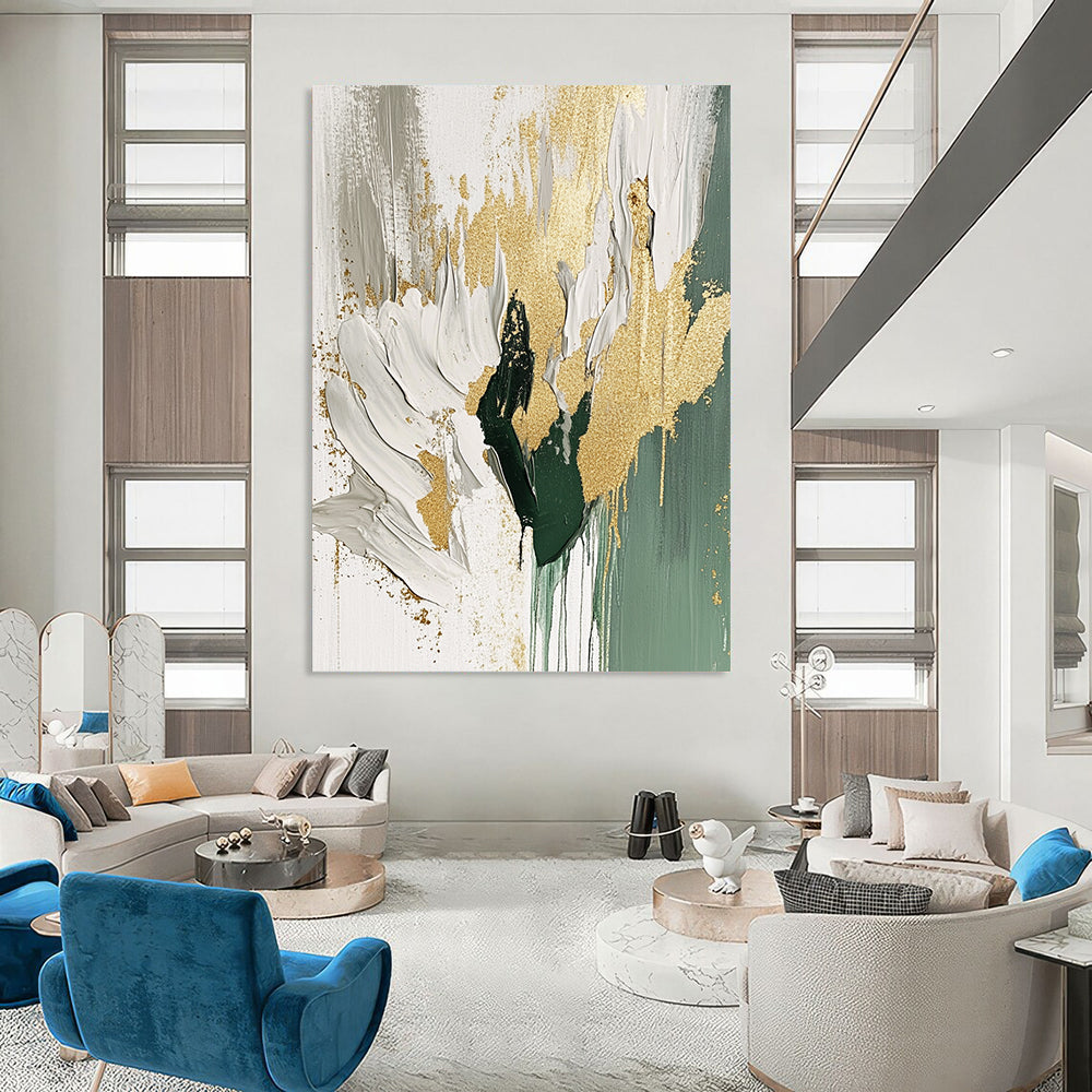 Contemporary abstract artwork featuring a beige and white palette with gold foil accents flowing brush strokes and sage green splashes on a white background. DLZ0906