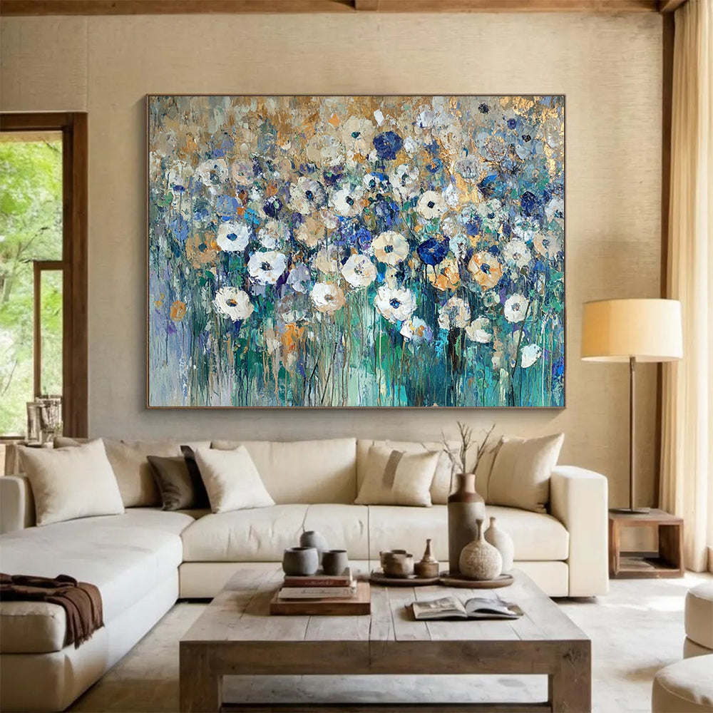 “Gilded Wildflower Field” - Gold - tipped white flowers, blue greens, Impasto Floral Painting On Canvas HB0581