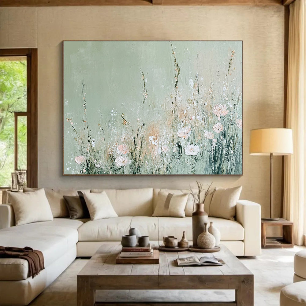 “Minimalist Floral on Sage” - Sage, Pink, Flowers, Textured Painting On Canvas HB0758