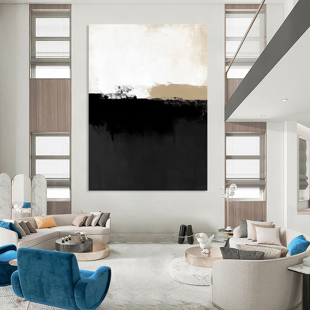 Contemporary abstract art features a minimalist black and white landscape with subtle shapes, showcasing neutral tones and low contrast. DLZ1612