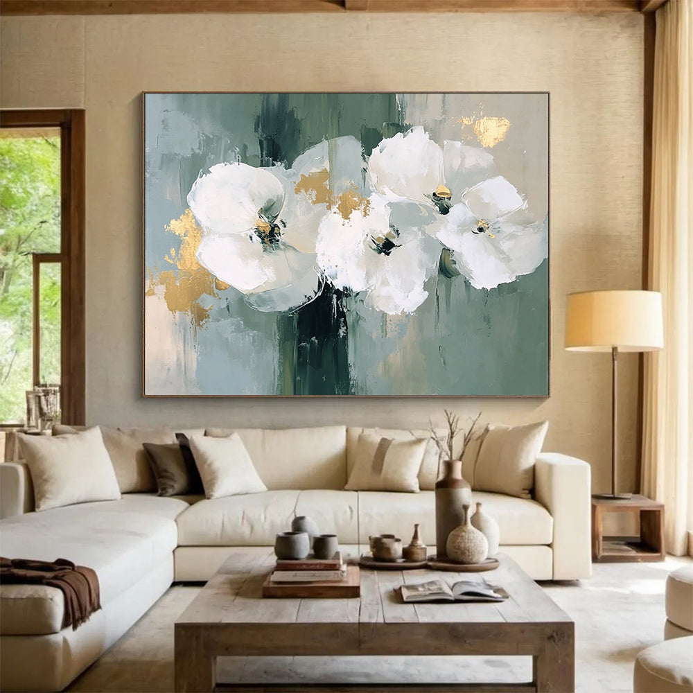 “White Flowers with Gold Accents” - Green, White, Gold with Floral Forms - Painting On Canvas HB1405