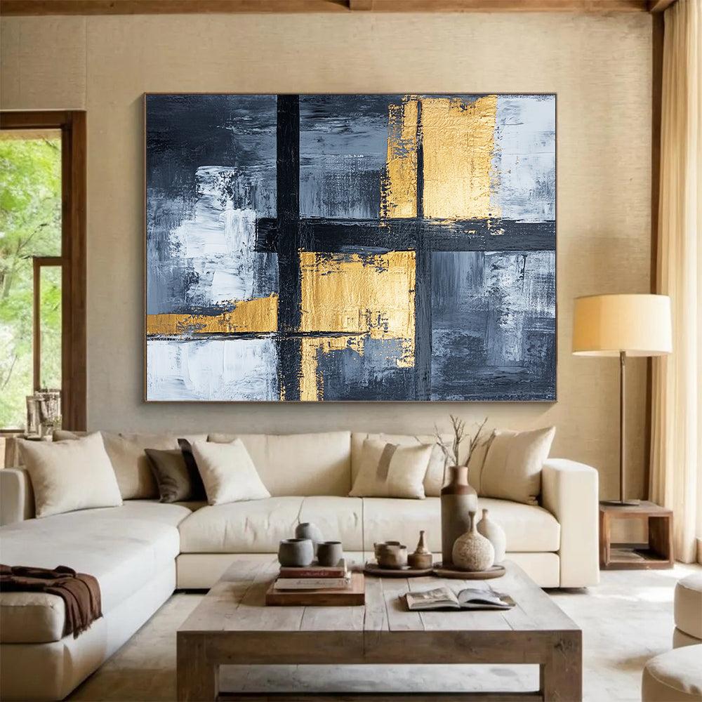 Gray, White, Gold, Black, Geometric Crosses "Gilded Grid Crossroads" Abstract Modernist Painting On Canvas HB151