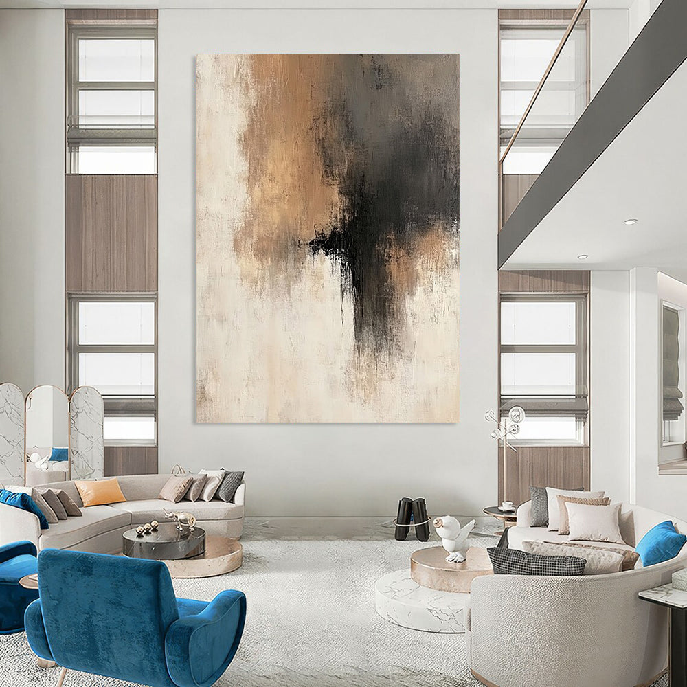 Large contemporary hand-painted abstract artwork featuring soft brush strokes in neutral tones of beige gray and brown accents with a serene neutral background. DLZ0440