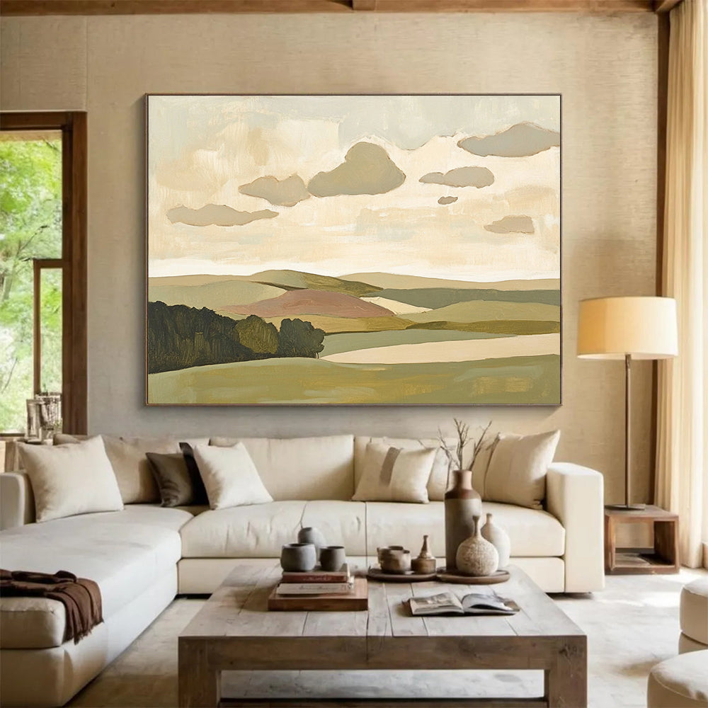 “Softly Painted Landscape” - Green, beige, pink, blue, Minimalist Landscape Painting HB0622
