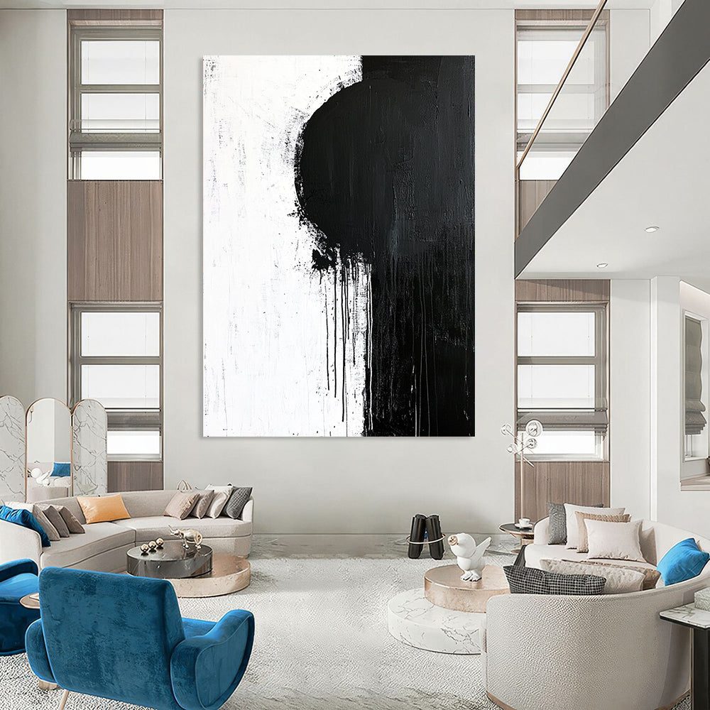Contemporary hand-painted abstract art featuring bold brush strokes, minimalistic design, dynamic shapes, and unique paint drips on a textured canvas backdrop. DLZ0300