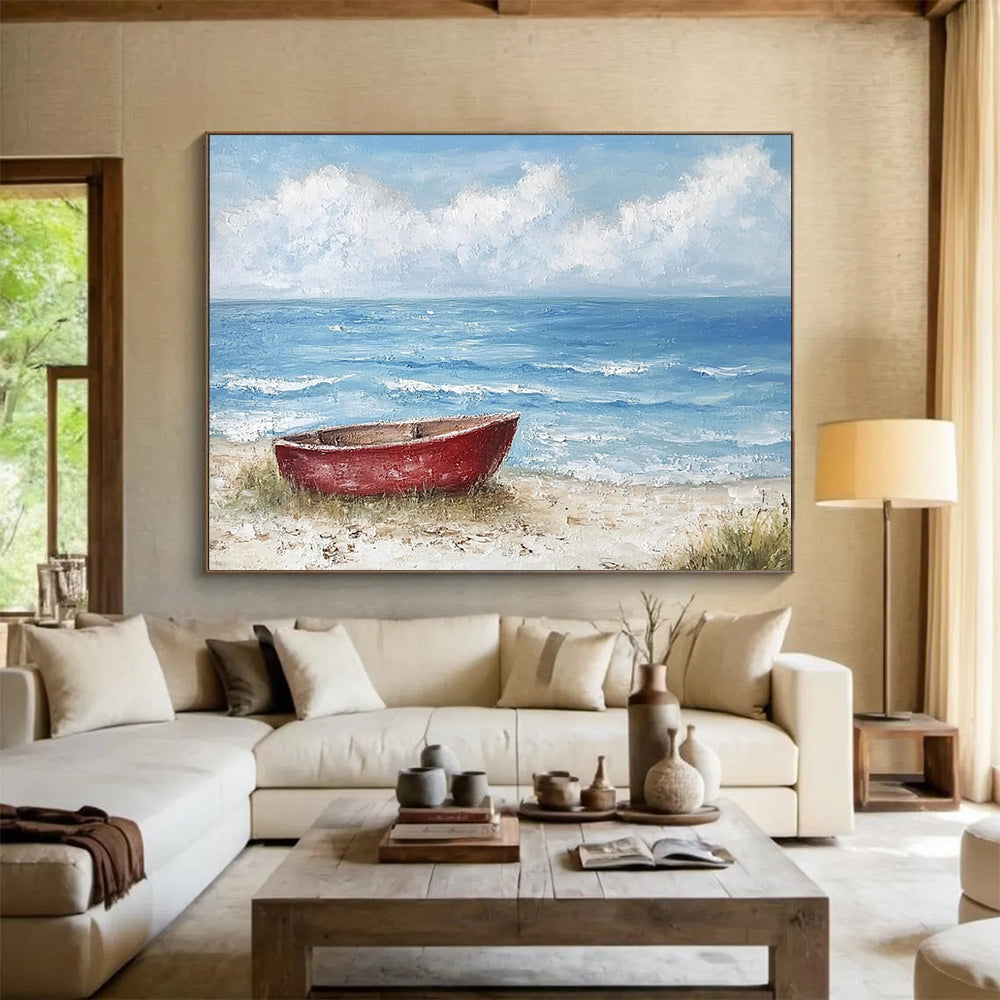 “Red Boat on Calm Beach” - Blue, Red, Beige, Boat on Sandy Shore - Textured Acrylic Painting HB1697