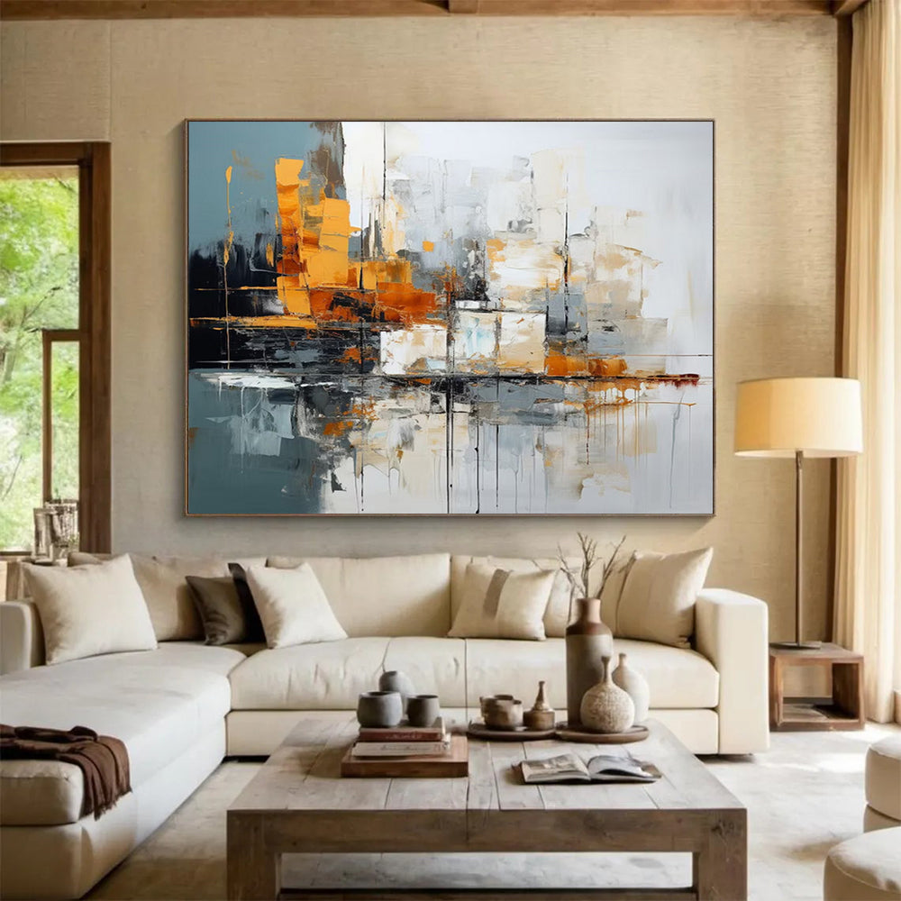 Grey - Orange Abstract Cityscape - Modern Living Room Centerpiece DLZ002