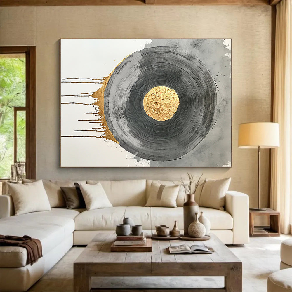 Black, Gray, Gold and Silver Geometric Circles "Harmonious Circles" Painting On Canvas HB384