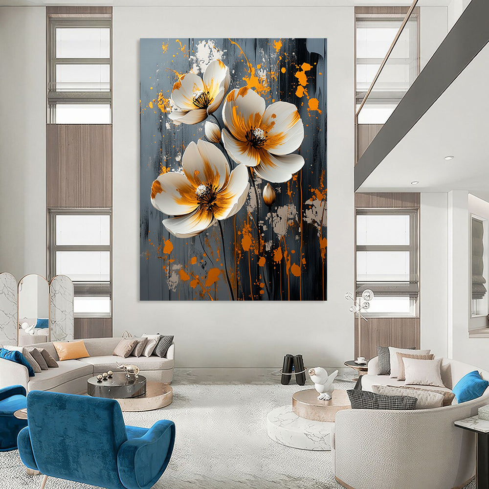 Contemporary abstract artwork features white flowers with gold and silver splashes on a textured grey canvas, perfect for modern decor. DLZ0824