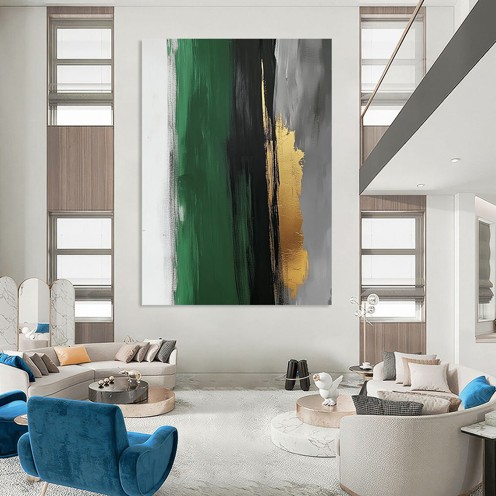 Contemporary abstract artwork featuring a striking dark grey brushstroke on white paper with subtle gold leaf accents and a minimalist design for elegant visual harmony. DLZ1330