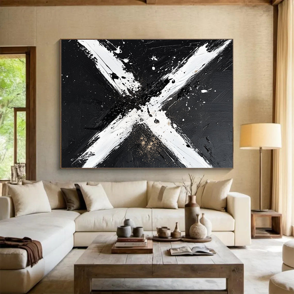 Black, White and Gold Abstract "Dynamic X" Painting On Canvas HB403
