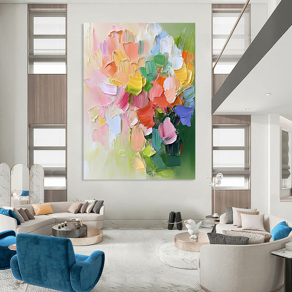 Contemporary abstract artwork featuring a vibrant pink flower bouquet with green leaves and delicate accents in a cheerful pastel palette. DLZ0480
