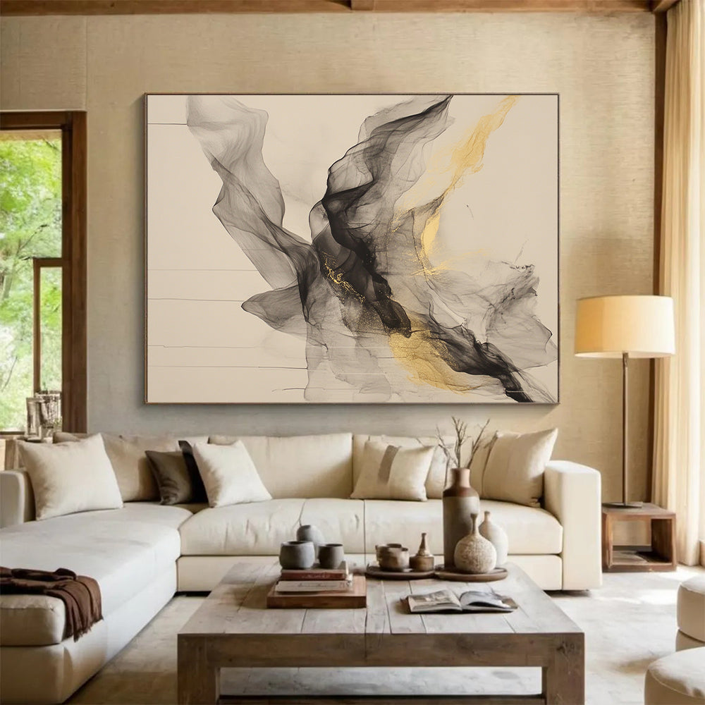 Beige, Gray, Gold, Flowing Shapes "Golden Veil" Abstract Painting On Canvas HB027