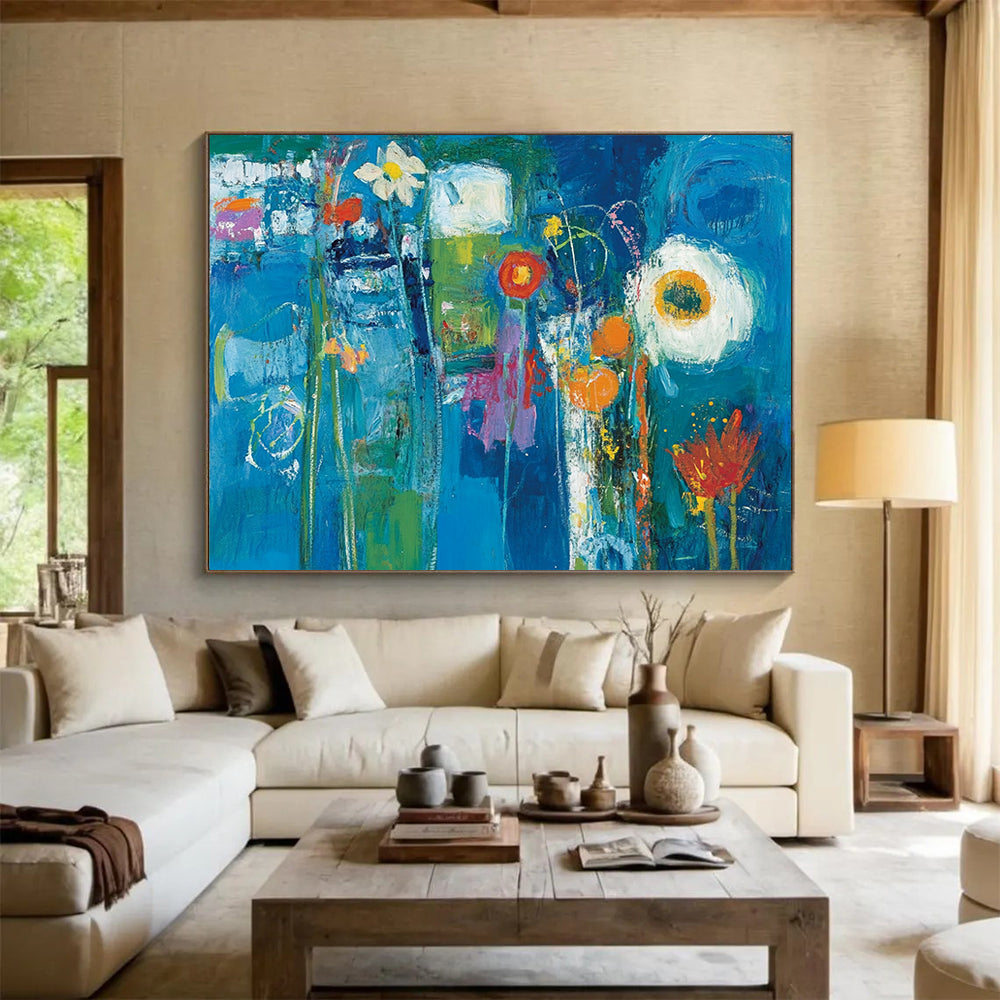 “Blue Floral Fantasy” - Deep blues, greens, oranges, whites; Abstract flowers in a vibrant blue dream; Expressionistic Acrylic Painting On Canvas HB1182