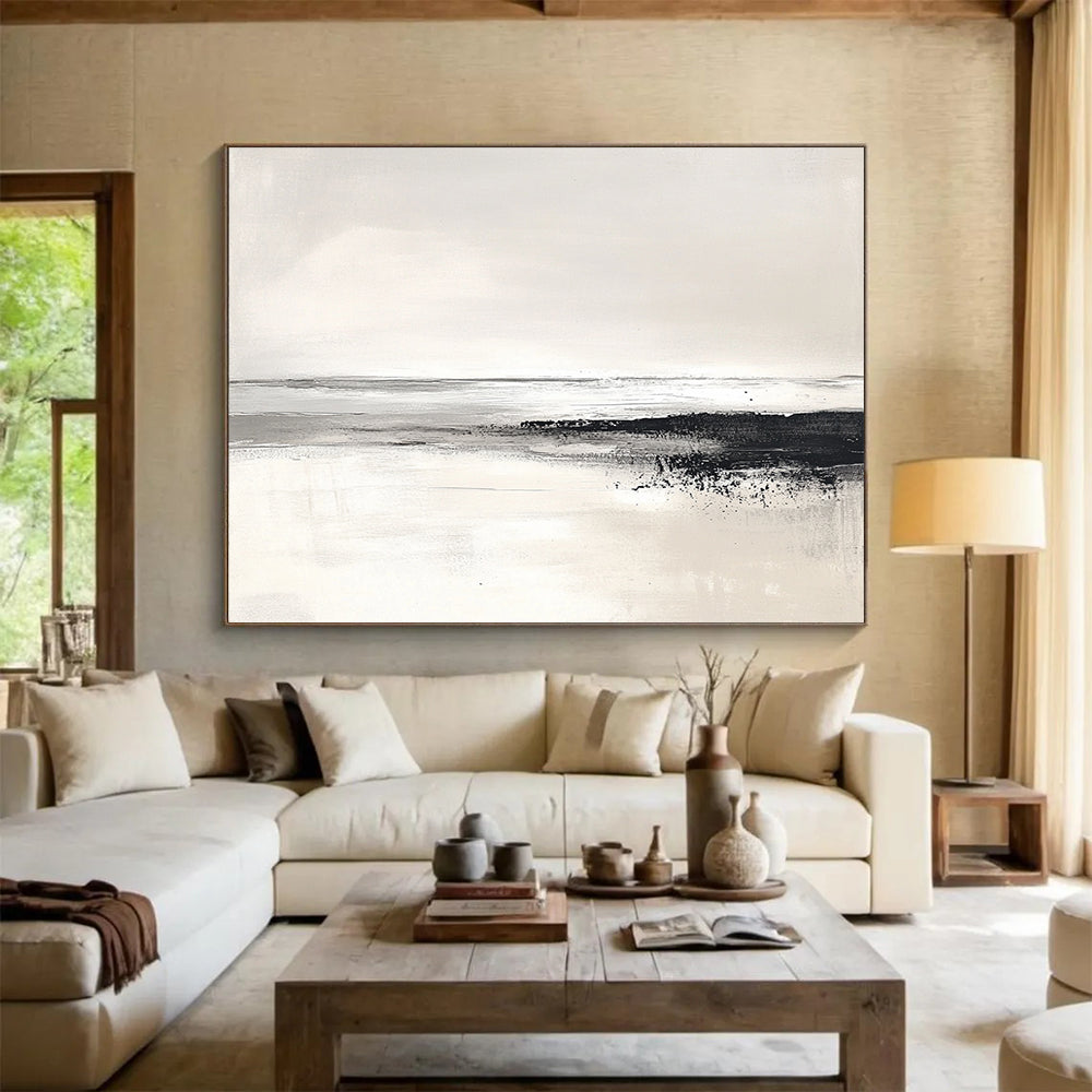 “Monochrome Coastline” - Black, White, Gray, Textured Shore and Calm Sea Painting On Canvas HB0932