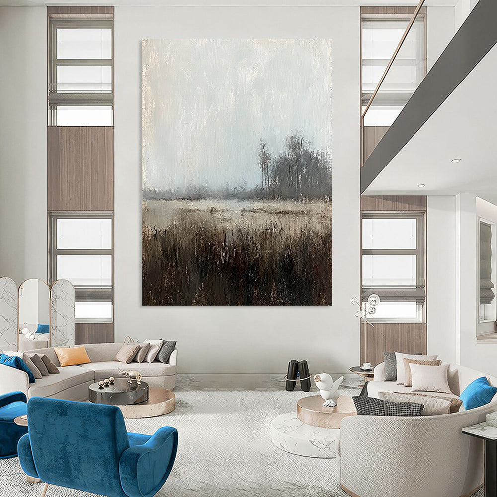 Large contemporary abstract painting featuring muted tones of gray sky and distant trees creating a misty grassland scene with soft lighting and brushstrokes. DLZ0409