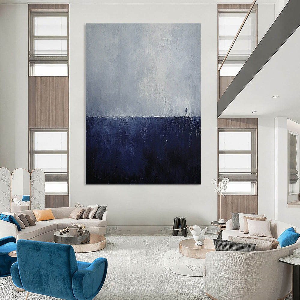 Large contemporary abstract painting featuring dark blue and gray tones minimalist landscape evoking loneliness and mystery with an endless horizon and heavy rain effect. DLZ0738