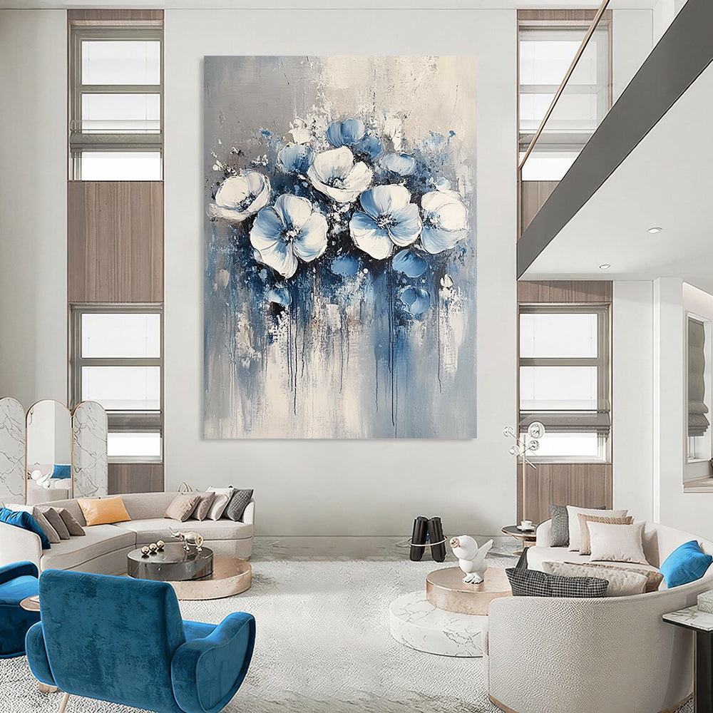 Contemporary abstract painting featuring delicate blue and white floral motifs against a soft grey background, perfect for modern decor. DLZ0349