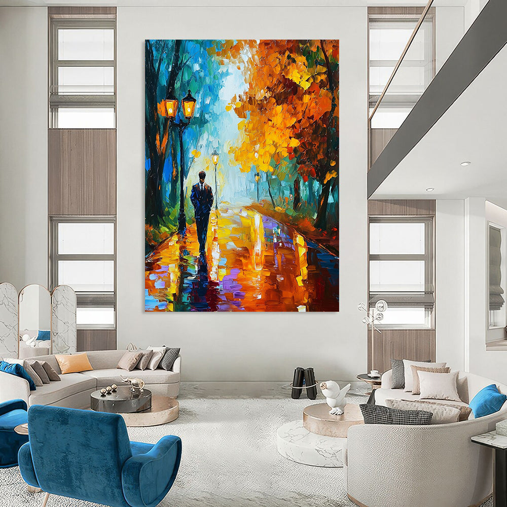 Vibrant contemporary abstract painting of a man strolling through an autumn park filled with colorful trees and glowing street lamps reflecting rain on his suit. DLZ1305