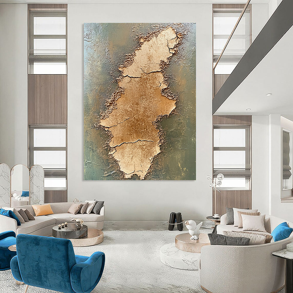 Contemporary abstract painting features two stacked cracked brown earth plains on an olive green background created with textured oil paint. DLZ0651