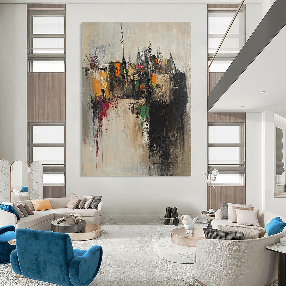 Contemporary abstract artwork featuring an old village with tight brushstrokes in muted earth tones accented by splashes of pink yellow green and orange. DLZ0959