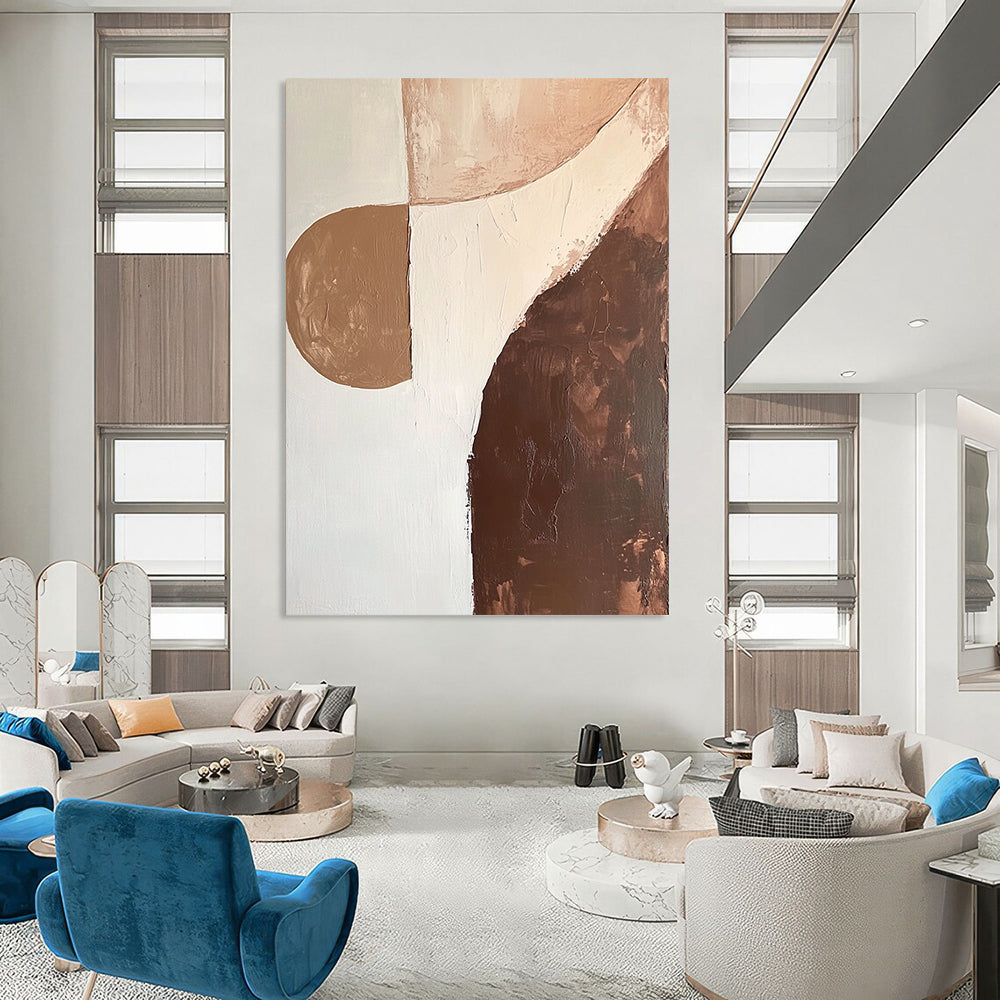 Contemporary abstract artwork featuring organic shapes in brown and white with soft edges and minimalist design, emphasizing fluid lines and canvas texture. DLZ0997