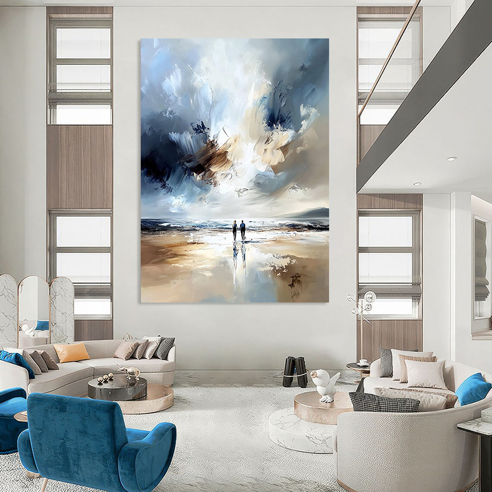 Contemporary abstract painting featuring two figures on a beach with a vast sea soft tones expressive brushstrokes and ethereal light effects. DLZ1126