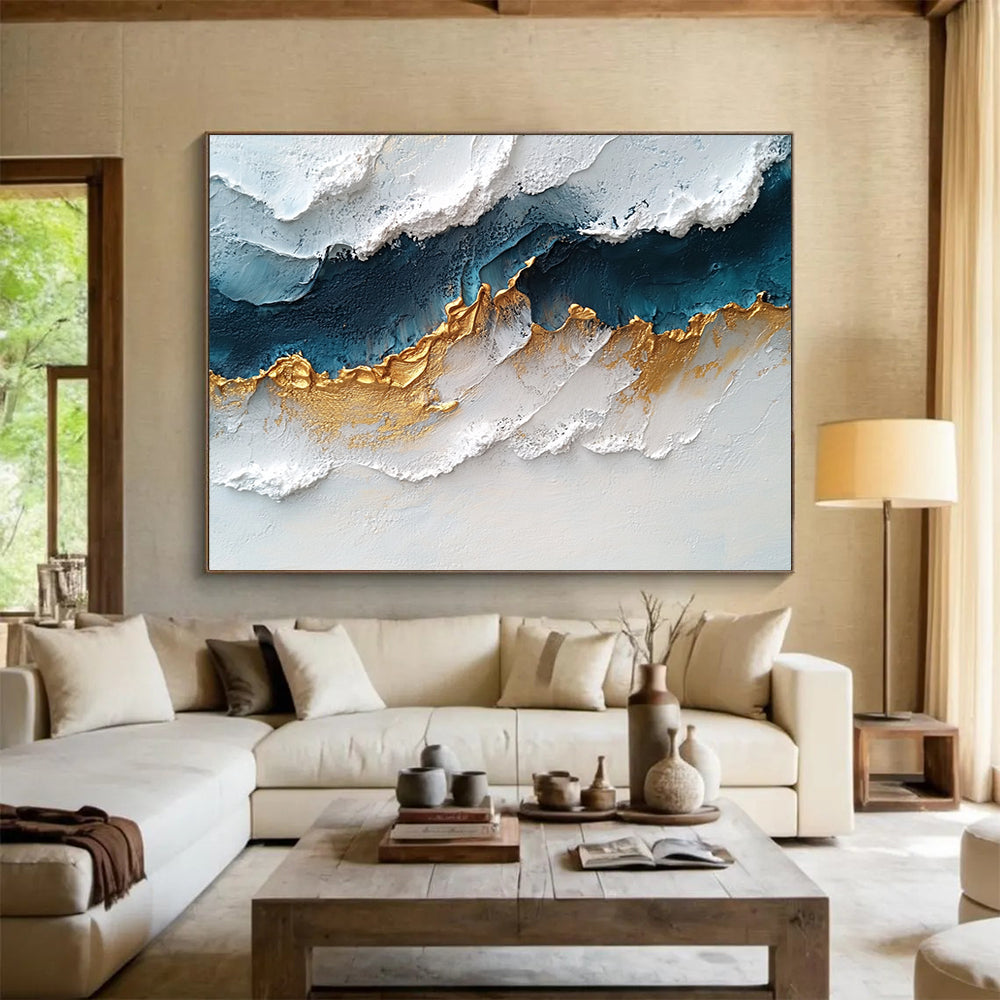 “Elegant Gold - Blue Textures” - White, Blue, Gold, Textured Abstract Painting On Canvas HB0731