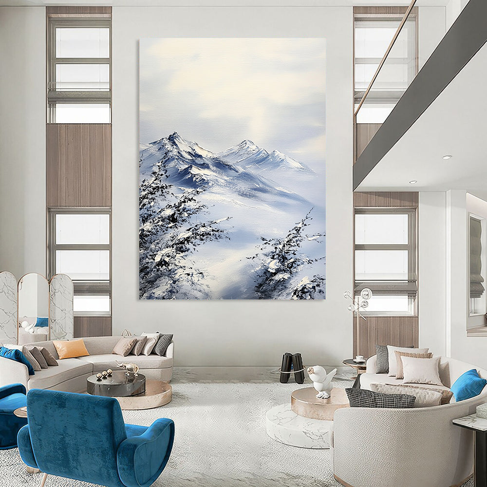 Contemporary hand-painted abstract artwork featuring textured snow-capped mountains in gray and blue tones with an impressionist style and visible brushstrokes. DLZ1683