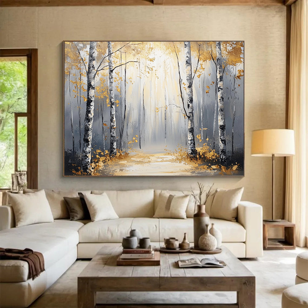 “Sunlit Golden Birch Forest Path” - Gold, Gray, Birch Trees, Forest Path - Abstract Landscape Painting HB1684