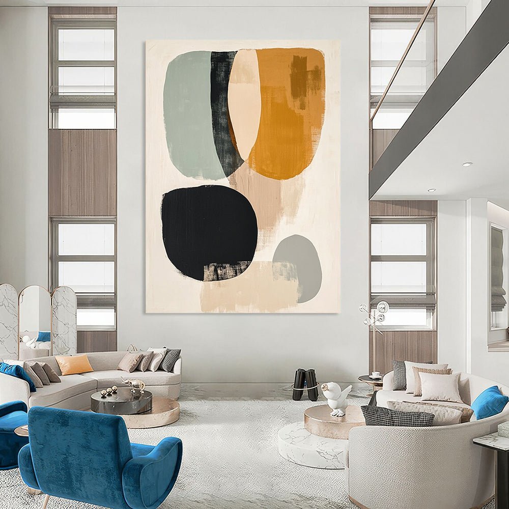Contemporary hand-painted abstract art featuring muted colors black lines pale yellow circle sage green oval burnt sienna half-circles and gray circle on a white background. DLZ0799