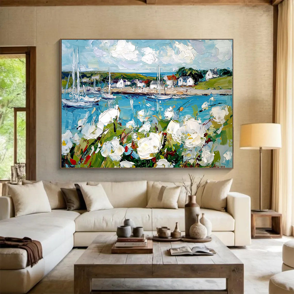 Blue, White, Green and Yellow Coastal Harbor with Flowers "Harbor Blooms" Painting On Canvas HB0666