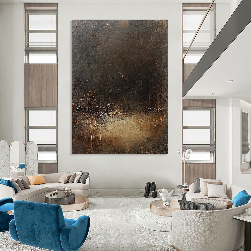 Contemporary abstract canvas art featuring a dark brown textured background subtle golden line and signs of wear enhancing its unique character. DLZ1571
