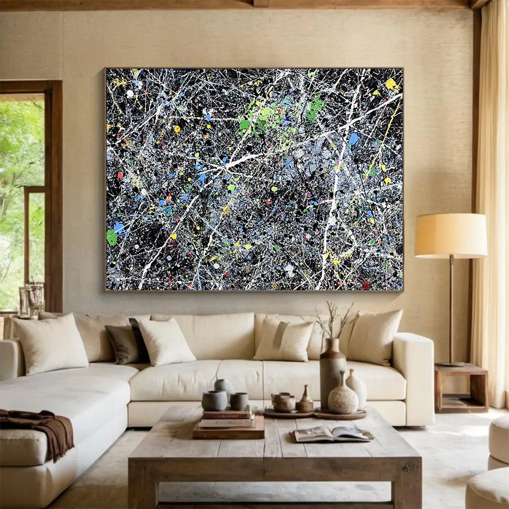 “Colorful Splatter Abstract” - Black, Colorful Splatters, White Lines - Painting On Canvas HB1433