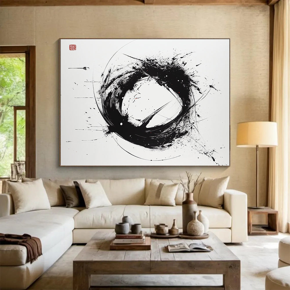 Black and White Dynamic Circle "Wild Enso" Painting On Canvas HB260