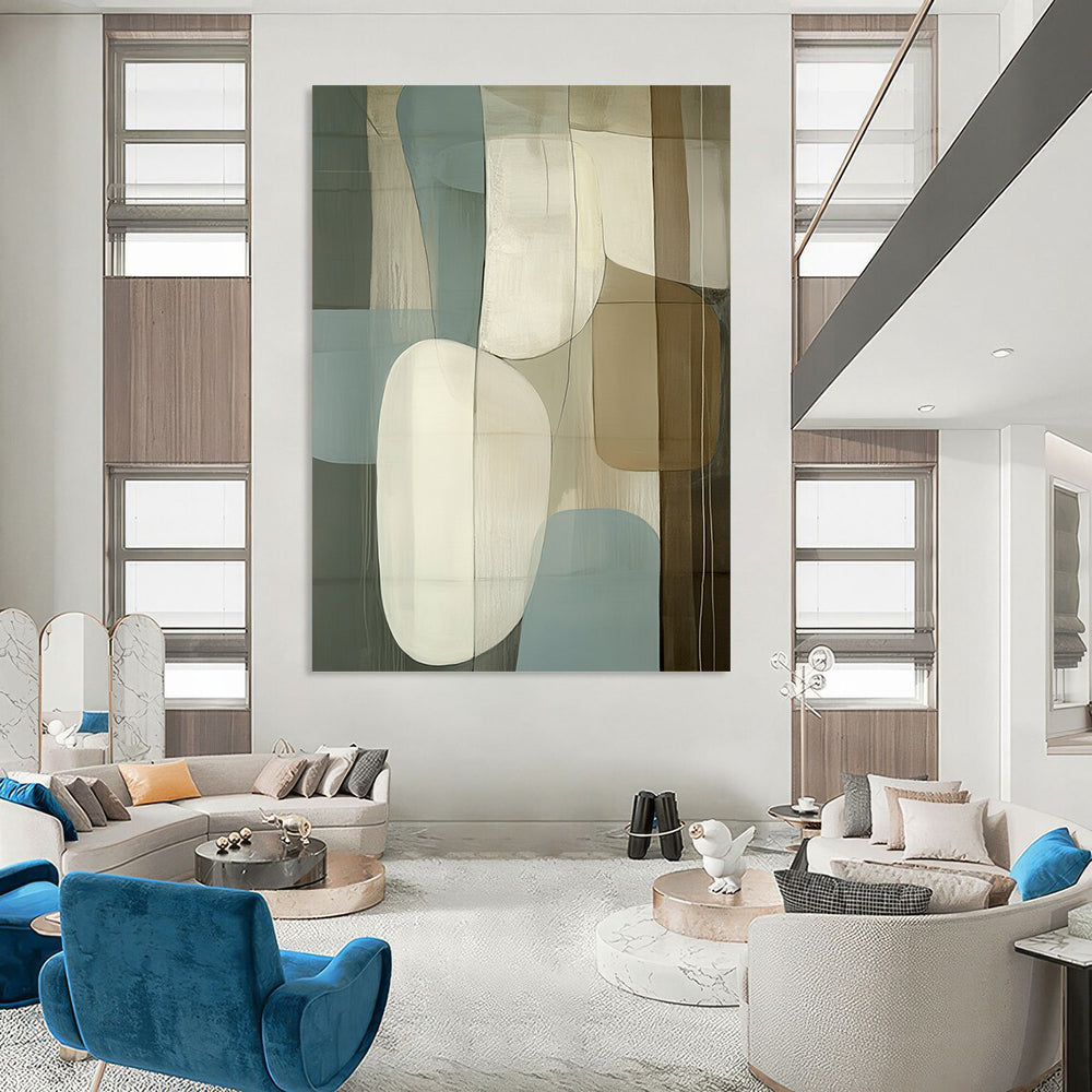 Large contemporary hand-painted abstract artwork featuring light blue beige and white shapes on a dark gray background with striking depth. DLZ1299
