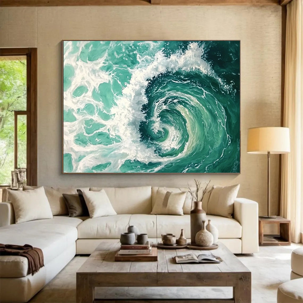 “Turquoise Ocean Vortex” - Turquoise, White, Spiral Waves Painting On Canvas HB0733