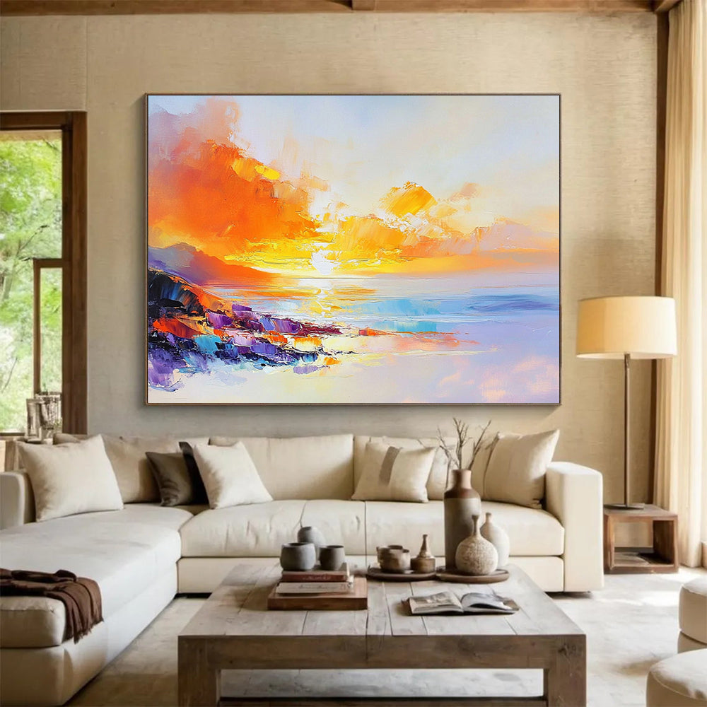 “Vibrant Sunset Coast” - Fiery Oranges, Yellows, Pinks, Colorful Coastal Cliffs - Impasto Oil Painting HB1738