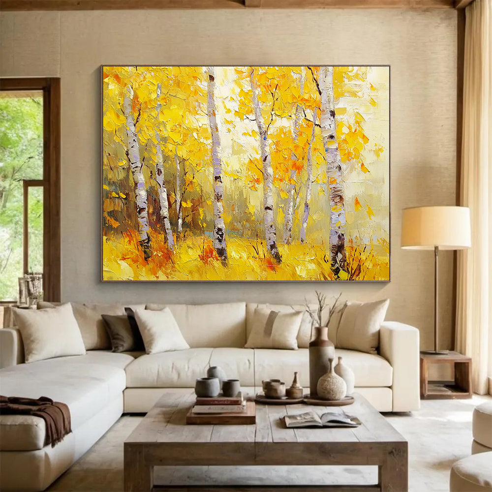 “Golden Autumn Birches” - Yellows, Oranges, Browns, White, Birch Trees - Impressionist Oil Painting HB1582
