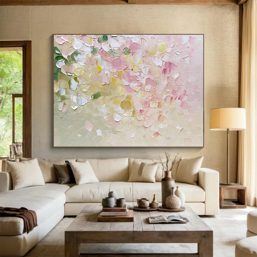 “Pastel Petals” - Delicate pinks, whites, greens, yellows; Textured flower petals; Impasto Floral Painting On Canvas HB1151