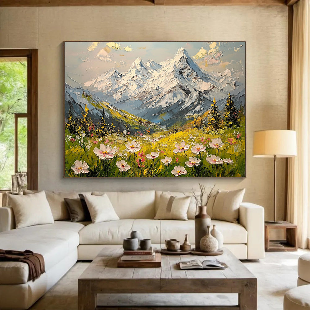 “Snowy Peaks & Flower Fields” - Whites, Greens, Yellows, Snow - capped Mountains & Wildflowers - Impasto Oil Painting HB1596