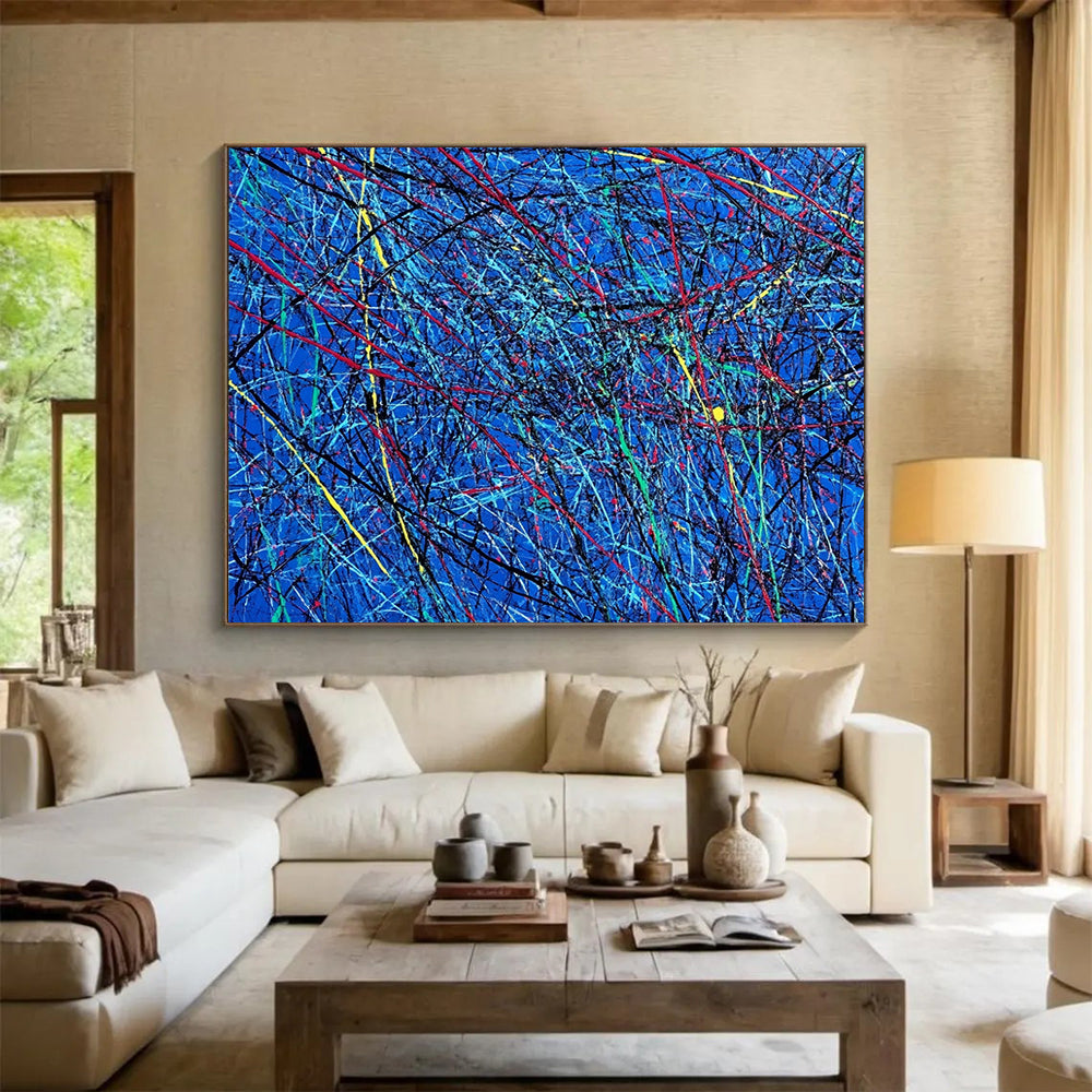 “Blue Abstract with Colorful Tangled Lines” - Blue, Red, Yellow, Green, Tangled Lines Painting On Canvas HB0829