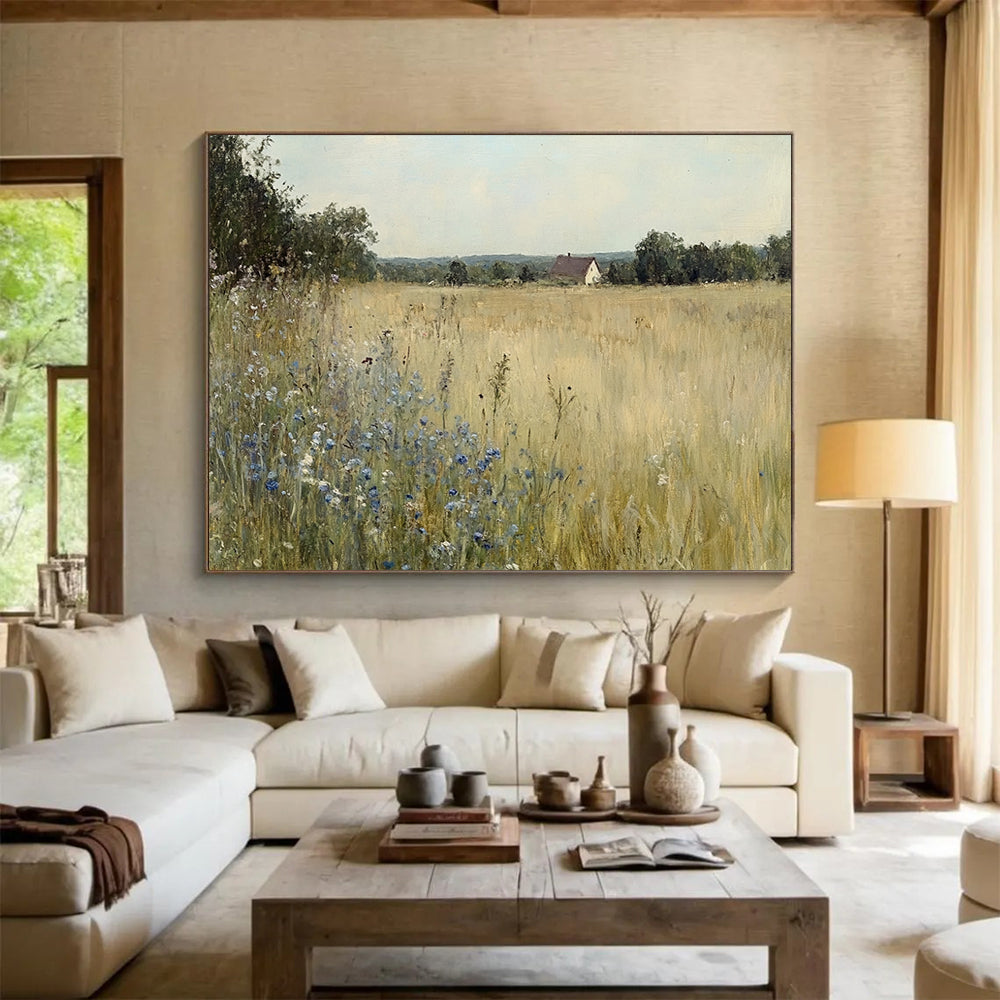 “Rustic Field with Cottage” - Serene field of gold with blue flowers and a distant cottage, Realist Landscape Painting On Canvas HB0544
